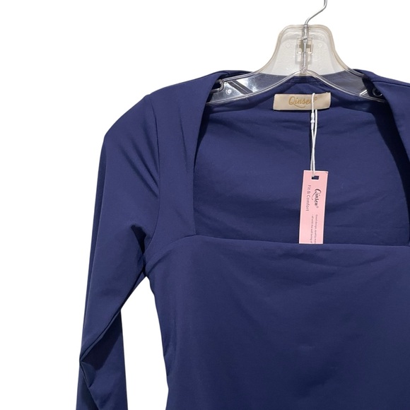 Qinsen Square Neck Thong Long Sleeve Bodysuit Navy Blue Women’s Size Medium - Picture 8 of 14